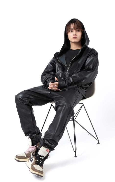 Fake leather zip hoodie