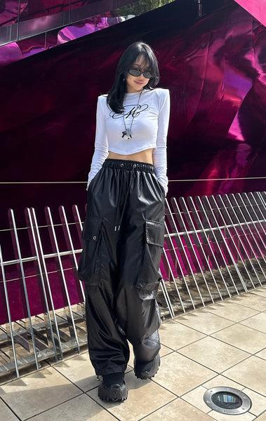 Nylon cargo wide pants